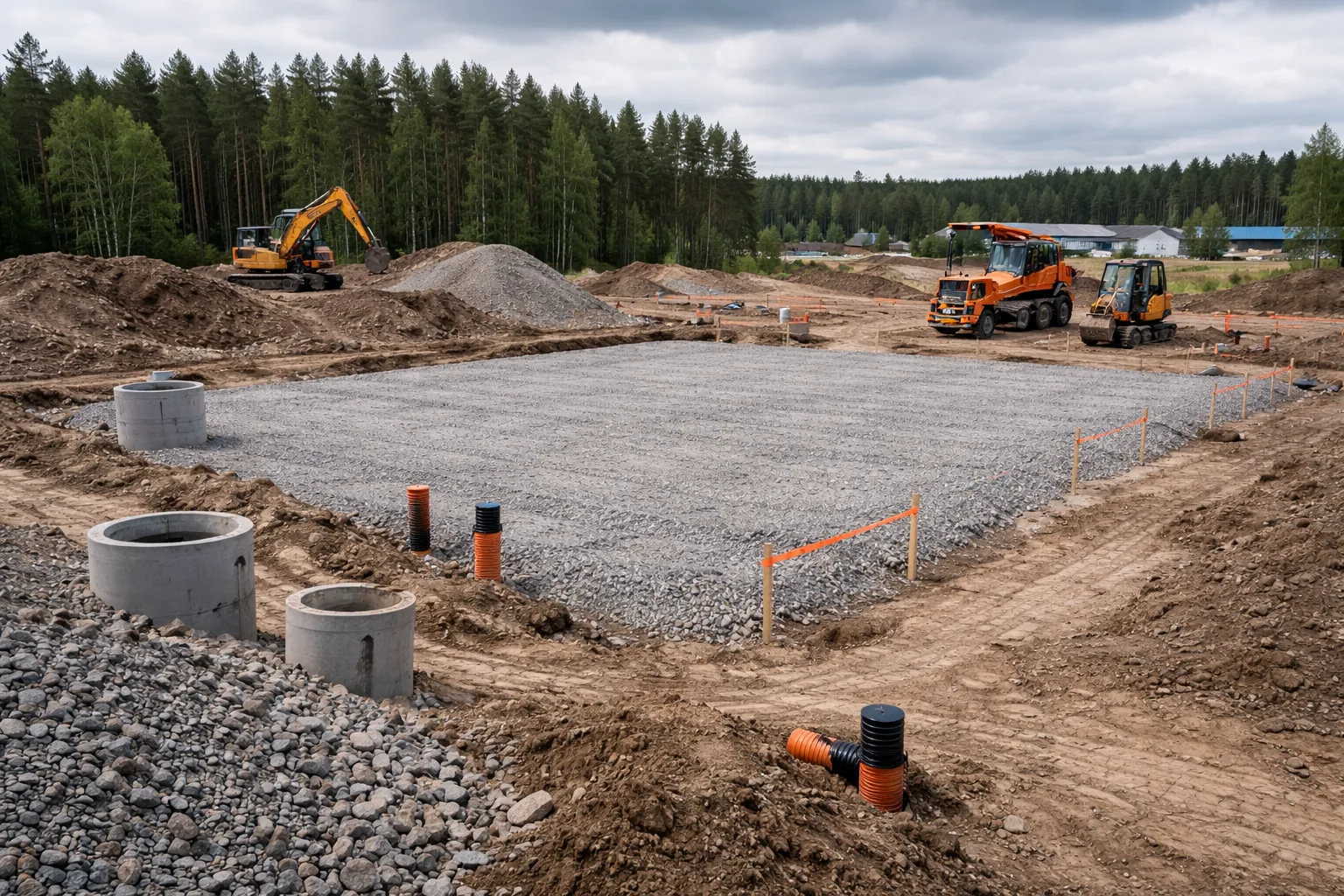 Hallin tai yritysrakennuksen pohjatyömaa Suomessa, laaja sorapohja kesken, maaleikkauksia, työmaan putkia ja raskasta maanrakennuskalustoa avoimella tontilla.