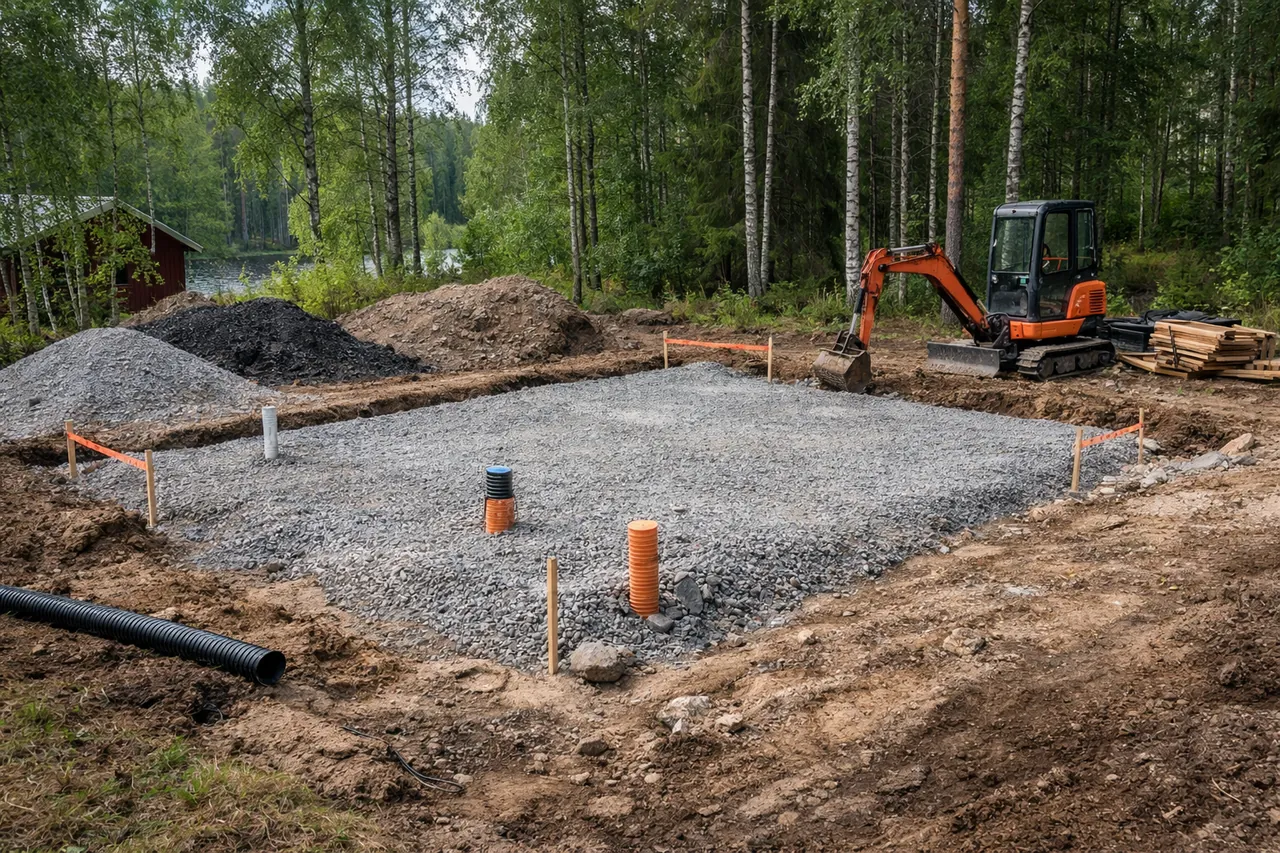 Omakotitalon pohjatyömaa Suomessa, jossa sorapohjaa valmistellaan rakentamista varten.