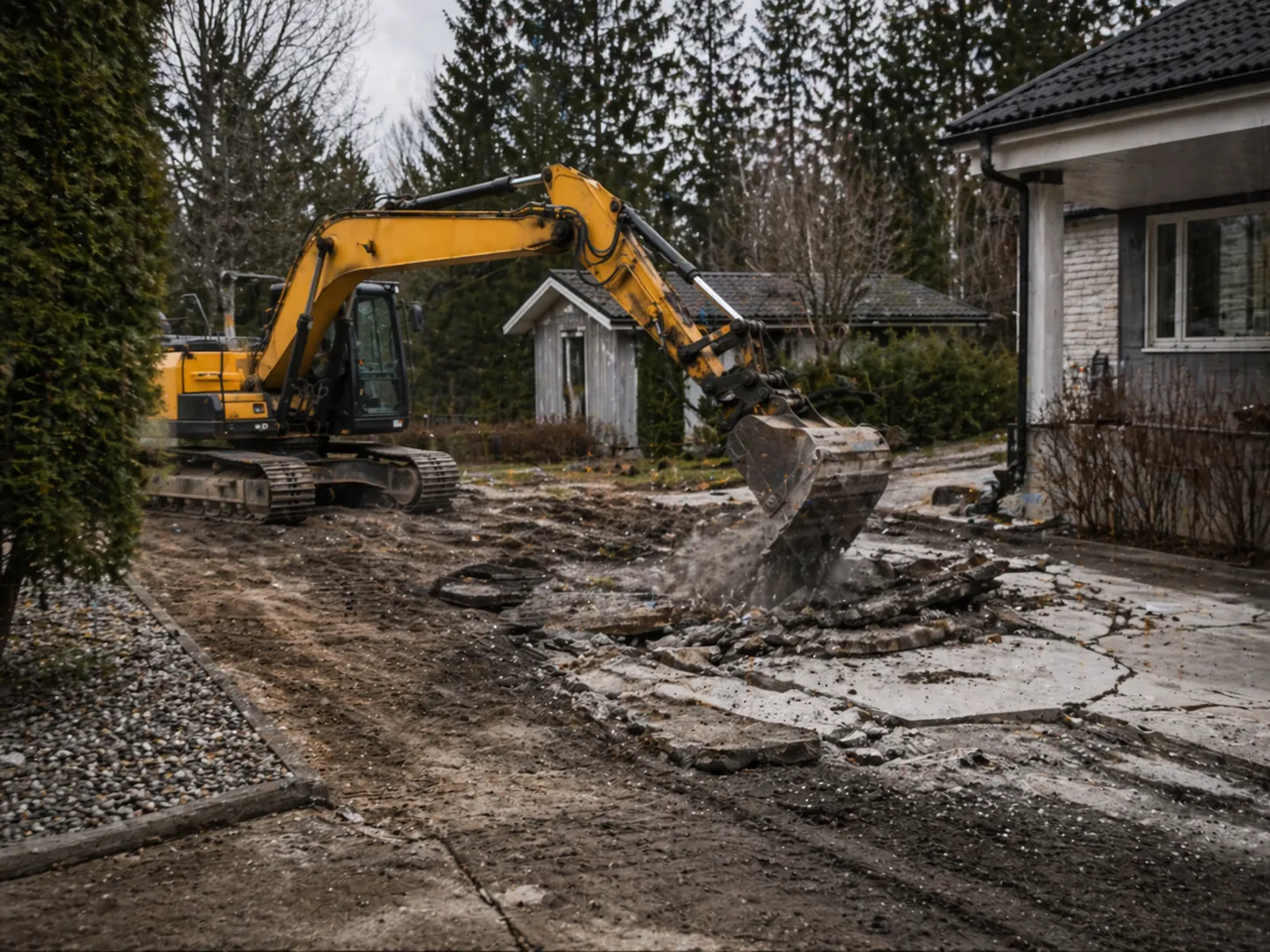 Kaivinkone purkamassa piha-alueen vanhaa betonipintaa suomalaisessa pihaympäristössä.