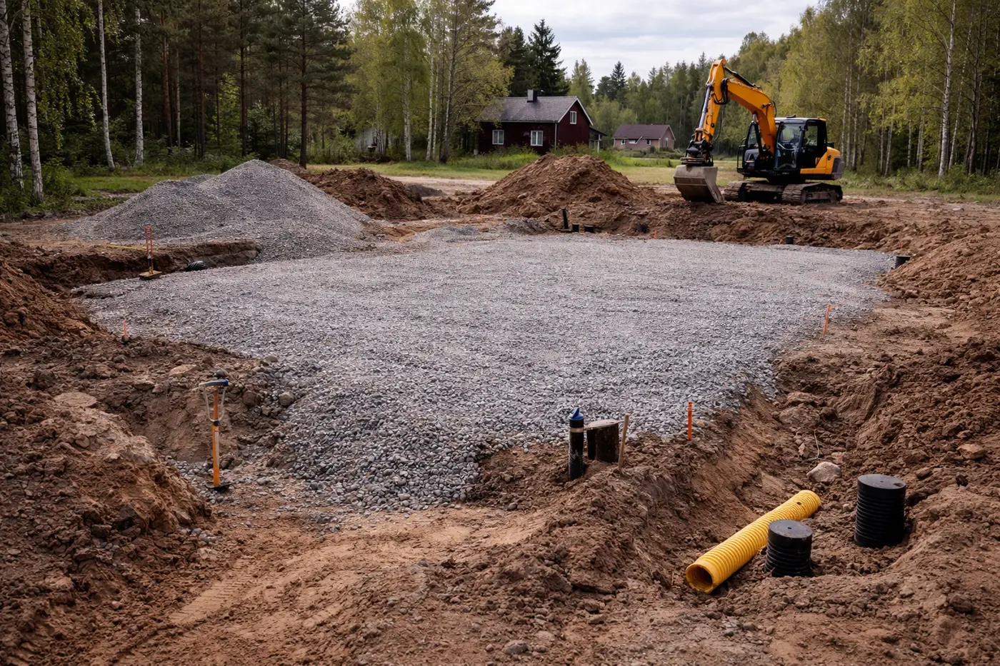 Omakotitalon pohjatyömaa Suomessa, jossa sorapohjaa valmistellaan rakentamista varten.