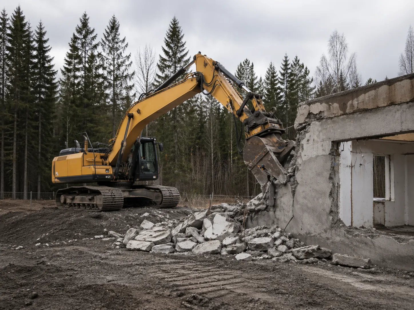 Kaivinkone purkamassa vanhaa betonirakennetta suomalaisella purkutyömaalla.