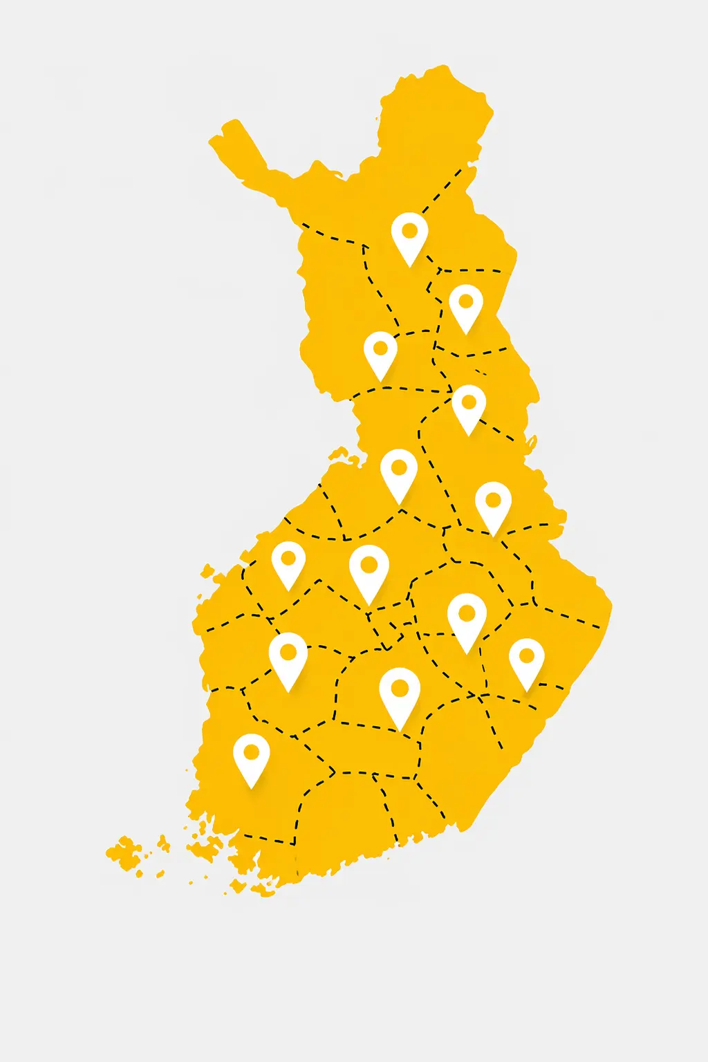 Suomen kartta, jossa näkyvät Fimaran toimialueet paikkamerkeillä.