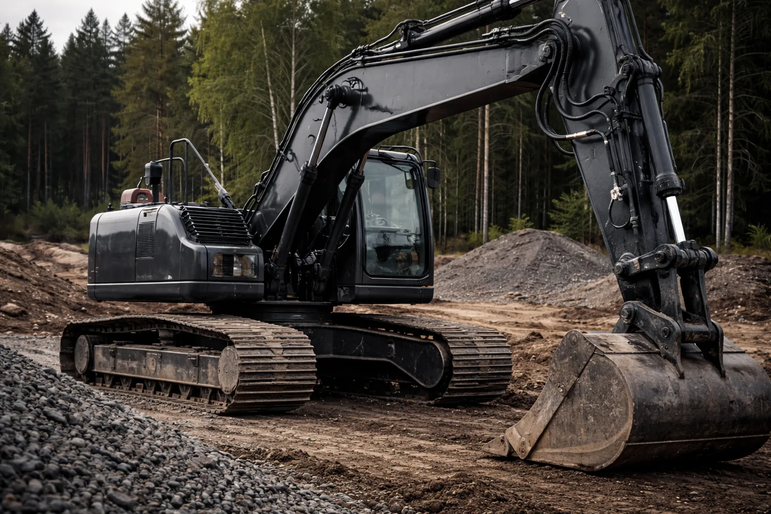 Tumma kaivinkone suomalaisella maanrakennustyömaalla, lähikuvassa puomi, hydrauliikka, telasto ja kauha hero-kuvakäyttöön.